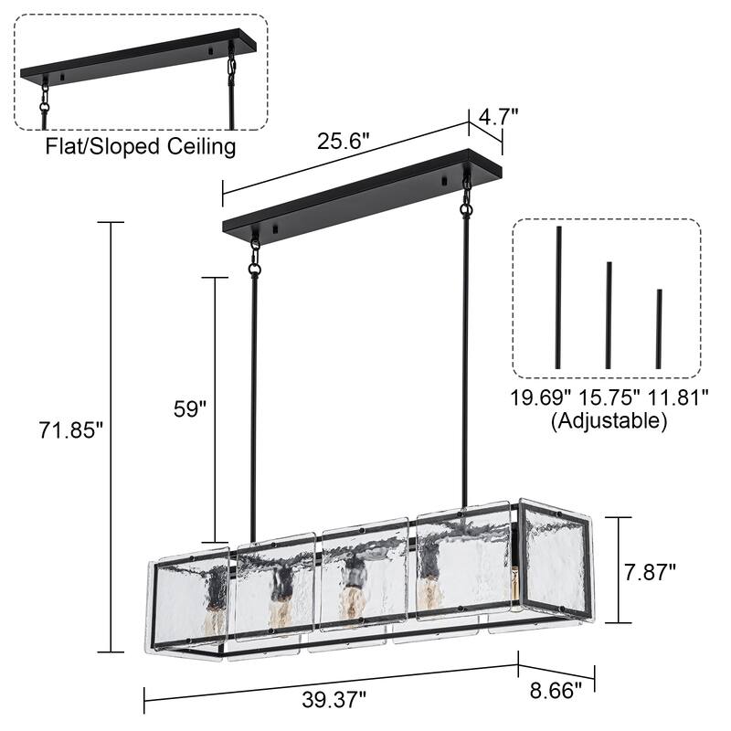 Modern 39.37" Large Rectangle Water Ripple Glass Chandelier for Dining Room - W39.4"