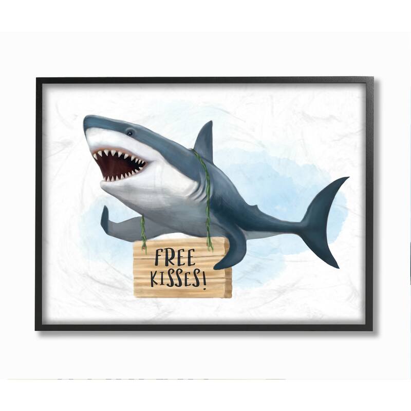 Stupell Nautical Shark Free Kisses Sign Kid's Animal Humor Framed Wall Art - Blue - 24 x 30 - Black