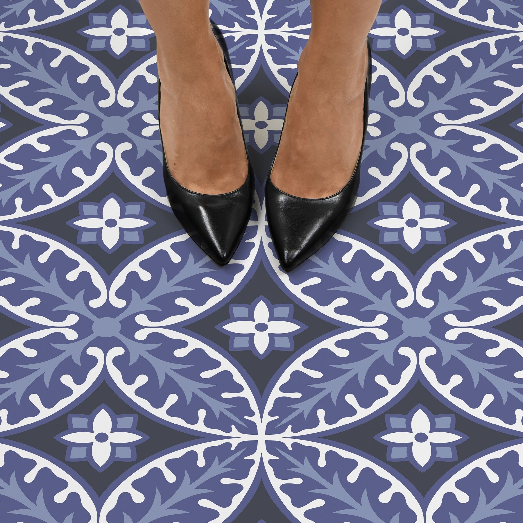 Capri Peel & Stick Floor Tiles, 12x12" Sheets, Purple/White/Charcoal Floral Motif, Water Resistant Vinyl, No Grout Needed