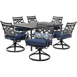 Hanover Montclair 7-Piece Dining Set in Navy Blue with 6 Swivel Rockers