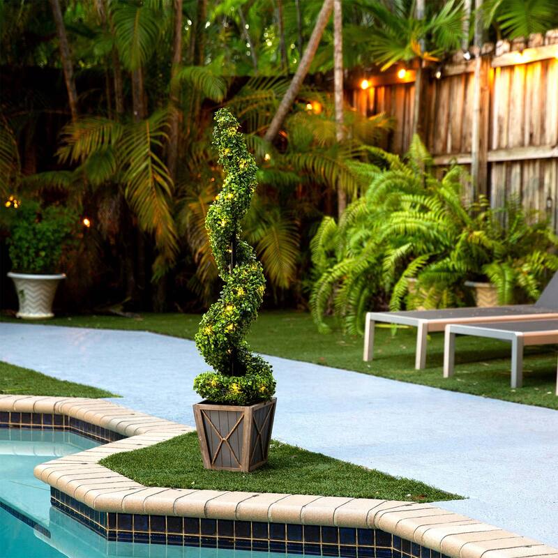 45" UV Resistant Boxwood Spiral Topiary with Lights in Planter - Green