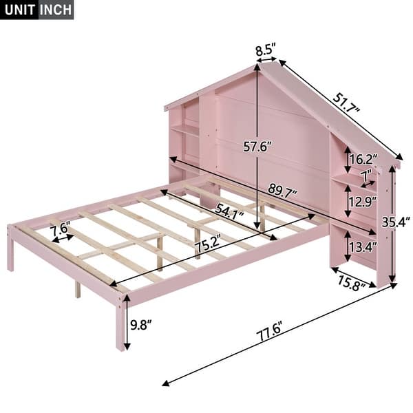 dimension image slide 2 of 4, Wood Platform Bed with House-shaped Storage Headboard and Built-in LED