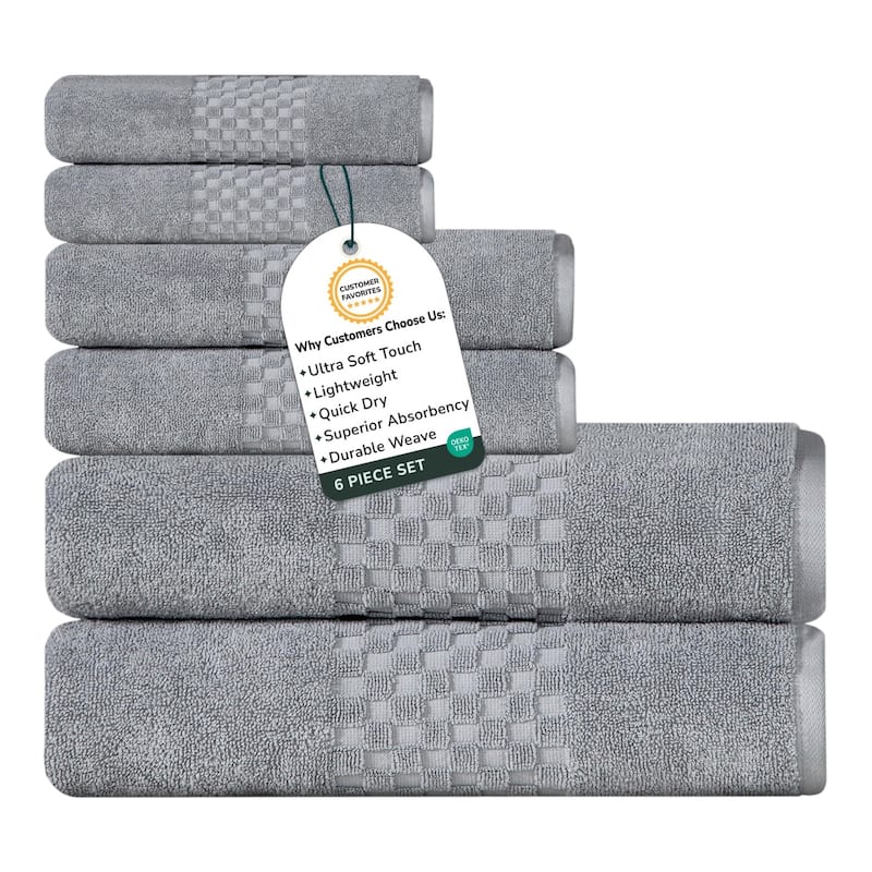 Feather and Stitch NY 650 GSM Premium Cotton 6 Piece Towel Set Super Absorbent Quick Dry Spa Quality - Grey