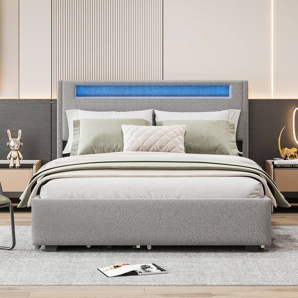 slide 2 of 10, Teddy Fleece Bed with LED Wingback Frame Bed and Trundle, Drawers Gray - Full