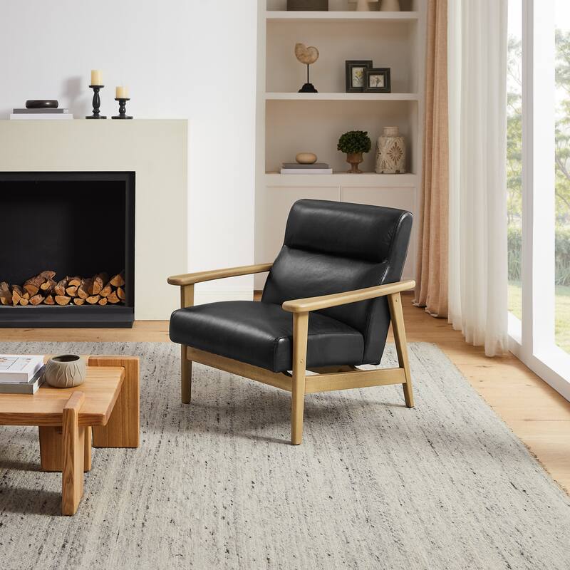 Modern Genuine Leather Accent Armchair with Natural Solid Wood Frame