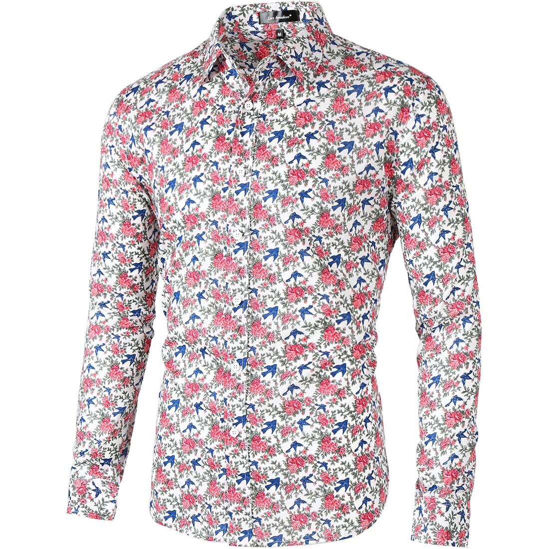 Shop Men Bird Flower Printed Casual Long Sleeve Button Down