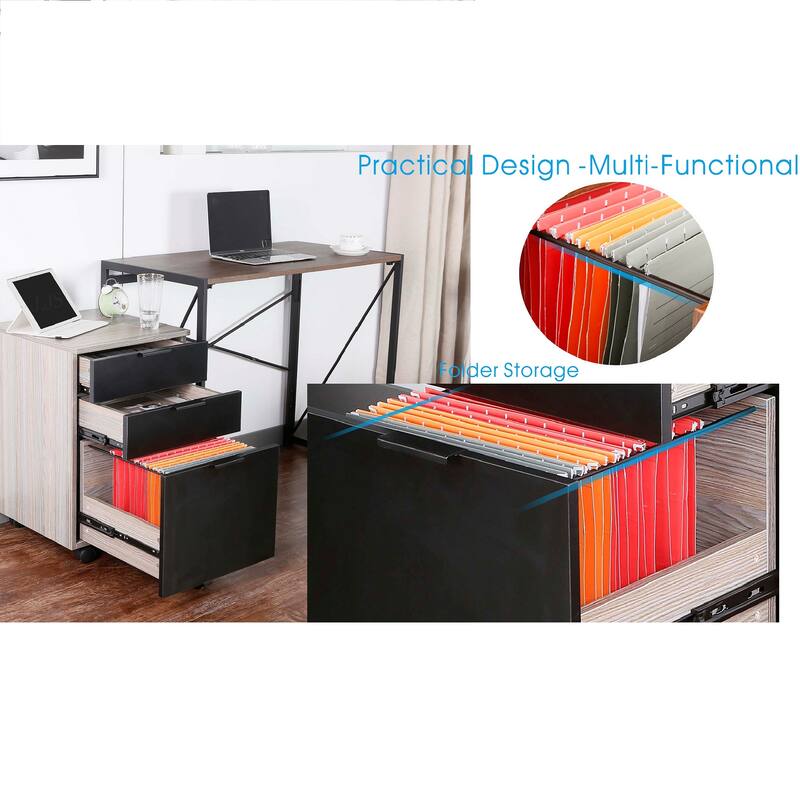 JJS 3 Drawer Rolling Wood File Cabinet with Locking Wheels for A4 or Letter Size