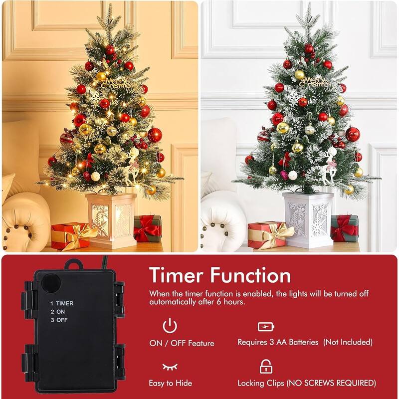 3FT Artificial Desktop Pre-Lit Christmas Tree, Snowflake Light Box Base