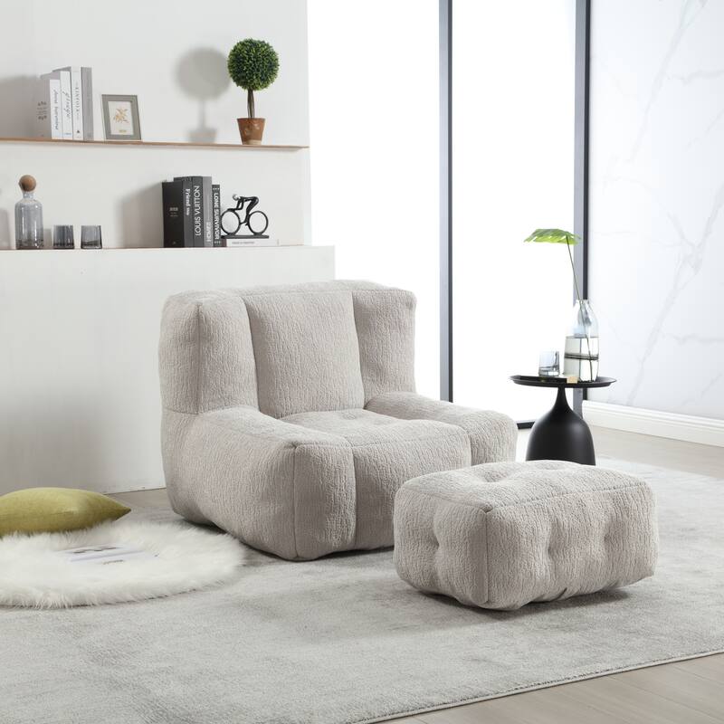 Fluffy Bean Bag Chair with Memory Foam and Ottoman, Super Soft Velvet Bean Bag for Adults & Kids, Comfortable Lazy Sofa