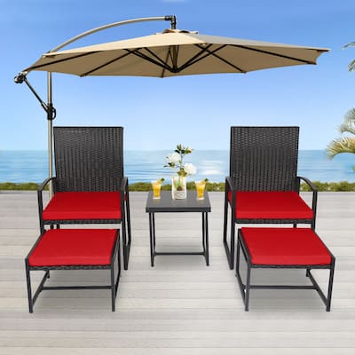 Kinbor 5-piece Wicker Patio Bistro Set, Outdoor Furniture Conversation Set, Wicker Porch Chairs and Ottomans w/ Cushions, Table