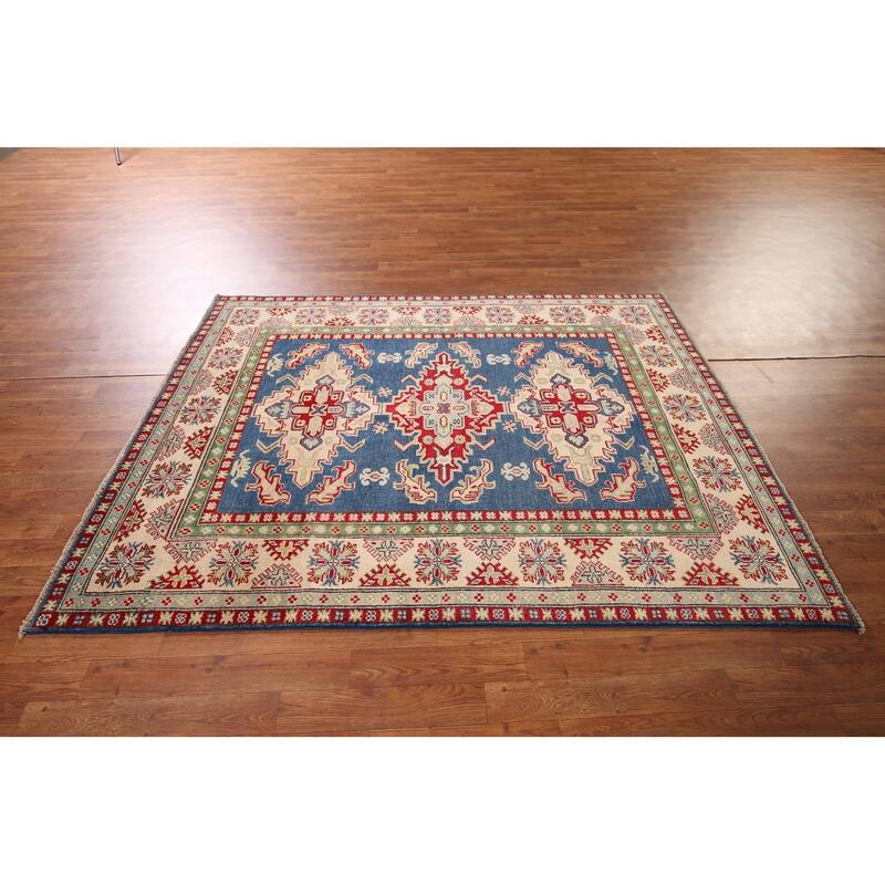 Blue Geometric Kazak Area Rug Hand-Knotted Geometric Wool Carpet - 5'0" x 6'8"
