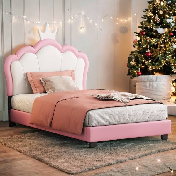 slide 2 of 3, Twin Size Upholstered Princess Bed with Crown Headboard, Platform Bed with Headboard and Footboard, White+Pink White
