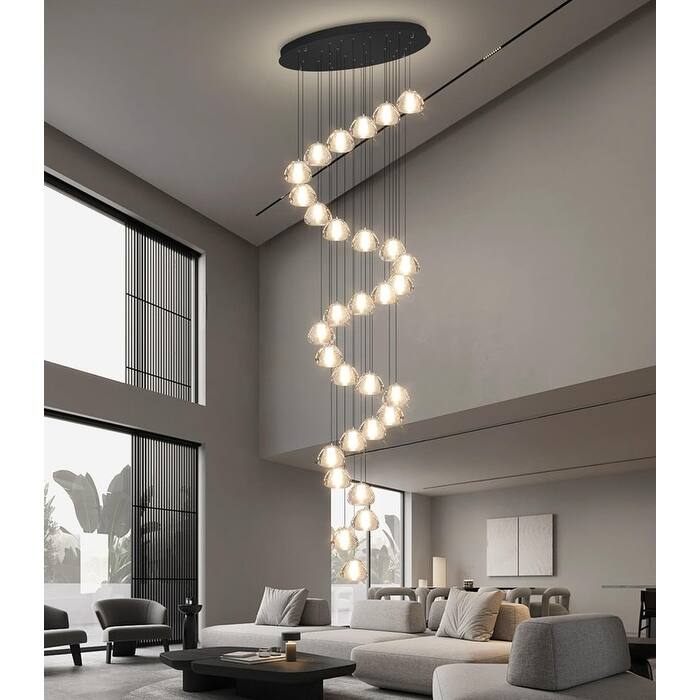 KAYLA 30-Lights Gold Modern Crystal Chandelier for Staircases, 157" Extra-Long Adjustable LED Ceiling Light
