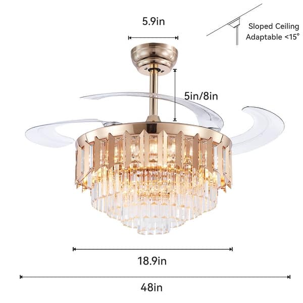 dimension image slide 0 of 3, 48" Crystal Fandelier Ceiling Fan with Light and Remote Retractable Blades LED Dimmable for Bedroom Living Room Dining Room