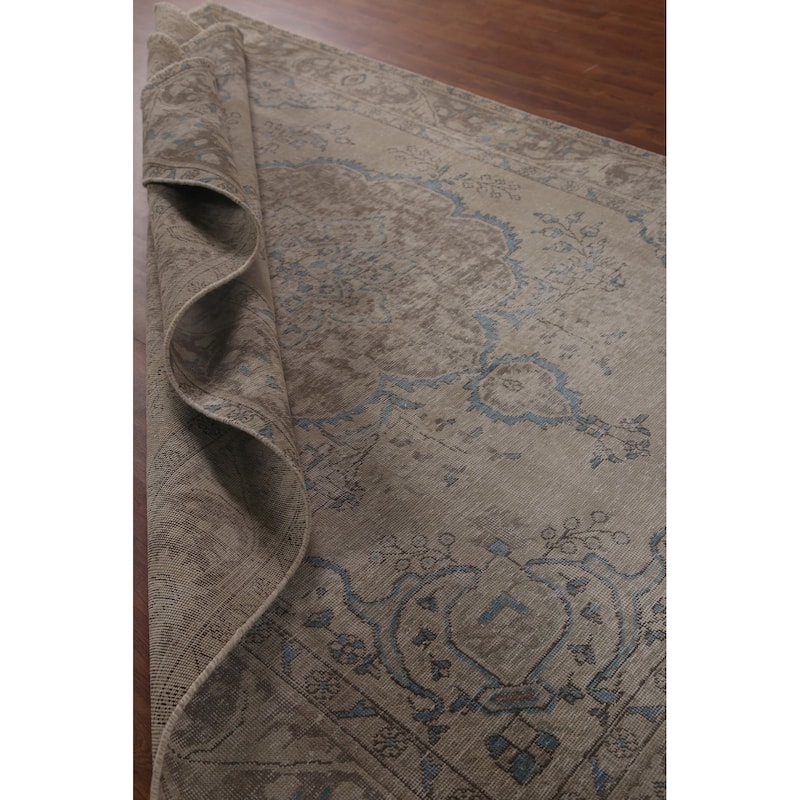 Beige Distressed Tabriz Persian Antique Area Rug Handmade Wool Carpet - 6'5" x 9'4"
