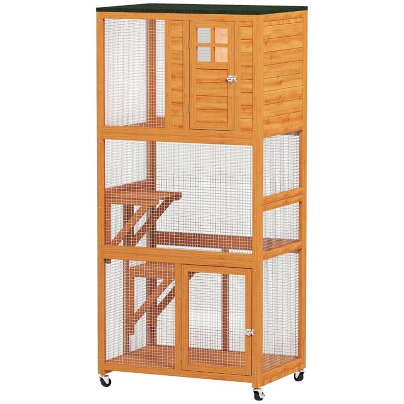 Fir Wood Steel Cat Cage with Wheels and Multi-Levels - Orange