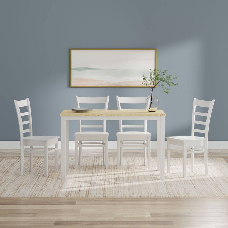 5-Piece Dining Set, 48" Rectangle Wood Table and Slat Back Chairs - White/Natural Table + White Chairs