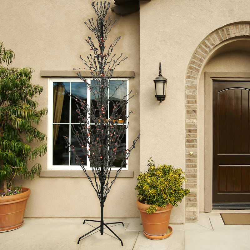 9' Pre-Lit Black Cascade Outdoor Halloween Twig Tree, Orange Lights