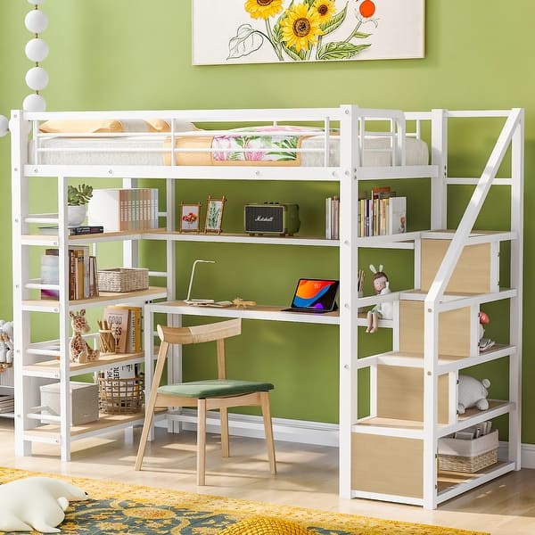 slide 2 of 12, Twin Size Loft Kids Bed Frame with Staircase, Built-in Desk, and 4-Tier Storage Shelves for Optimal Space Utilization, White White