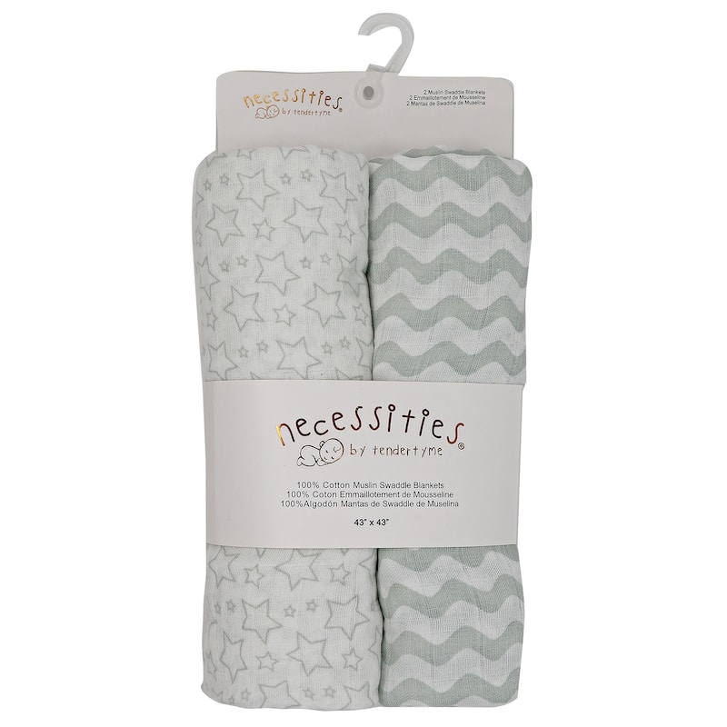 Baby Stars and Waves 2 Pack Muslin Swaddle Blankets - N/A - Silver