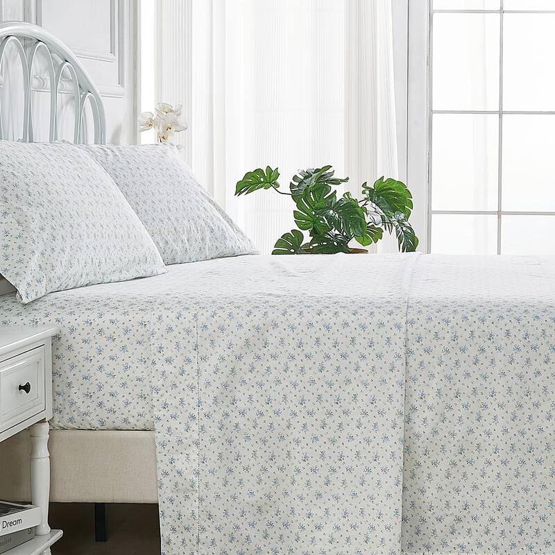 Printed Prewashed Cotton Blue Collection (Individual Set Sell Separately) - Blue Small Floral Sheet Set - Full - 4 Piece