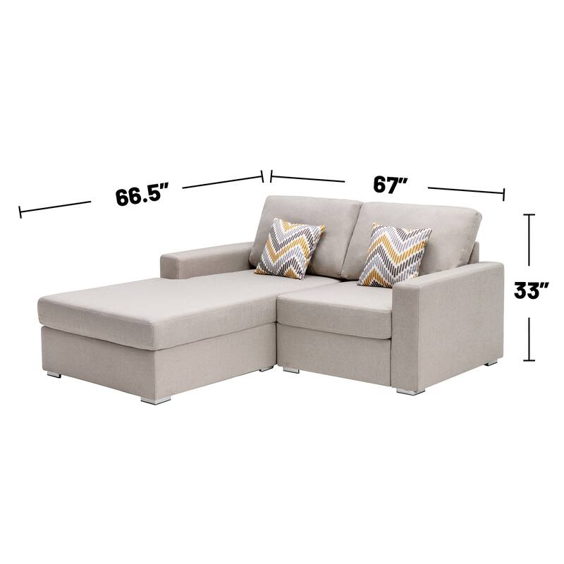 Linen Fabric 2-Seater Reversible Sofa Chaise with 2 Pillows and Interchangeable Legs in Beige