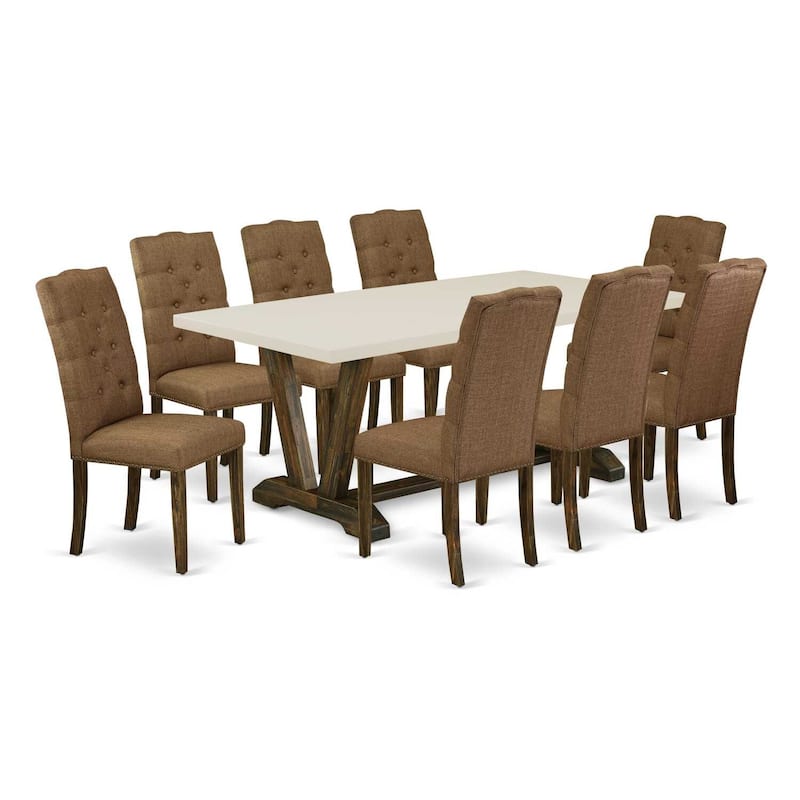 Lakeside Dining Set - 9 Piece Kitchen Table with 8 Linen Fabric Chairs - 40x72 Inch Rectangle Table