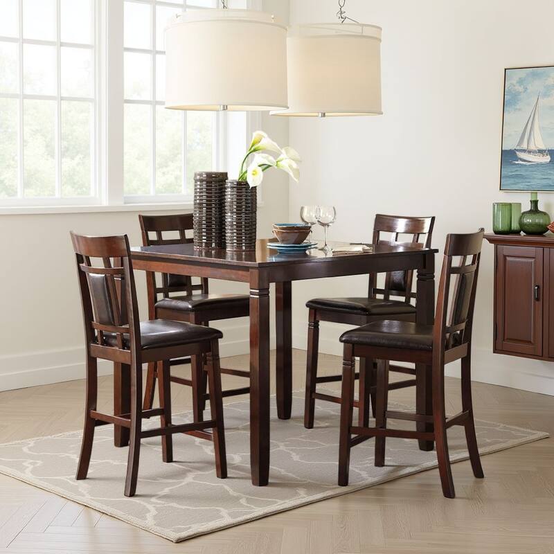 Noxx 5pc Counter Height Dining Table Set, Brown Wood, Faux Leather