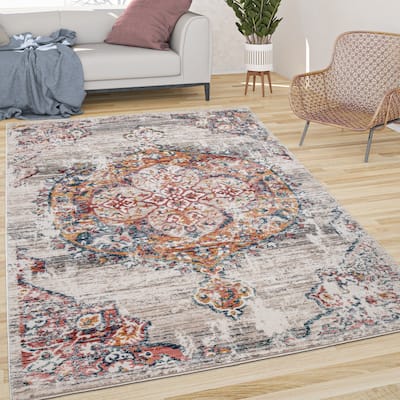 Vintage Rug Oriental Design with Modern Ornaments Multicolor