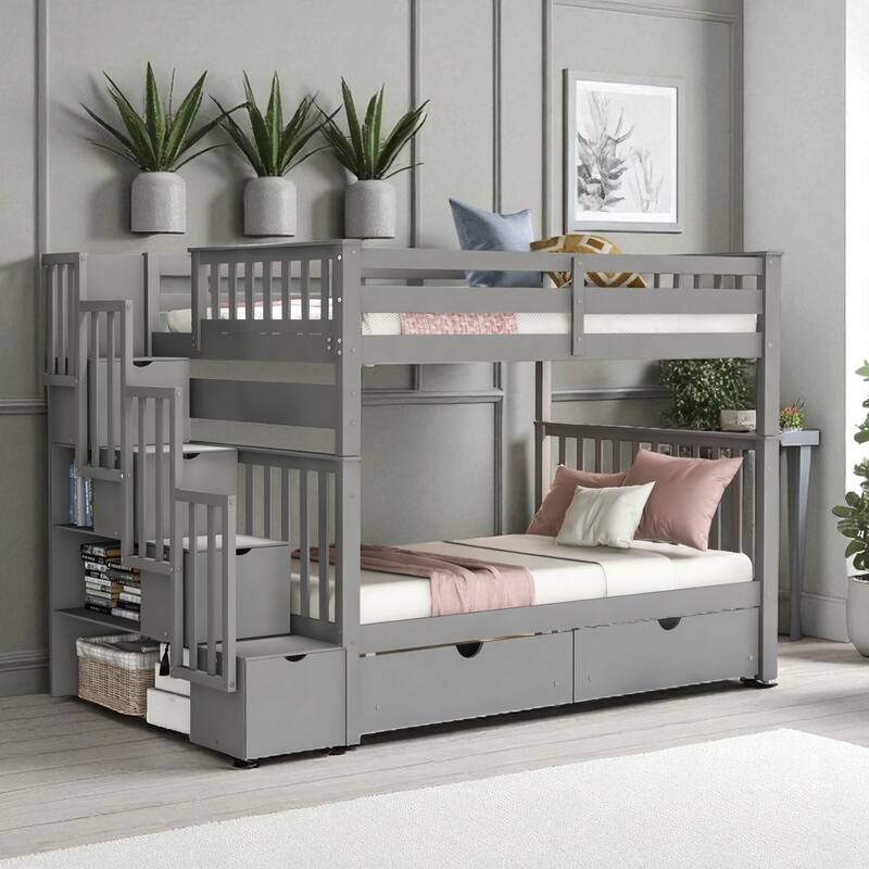 Full Over Full Bunk Bed with Staircase, Shelves, 6 Drawers, Storage and Safety Guardrails for Kids or Teens
