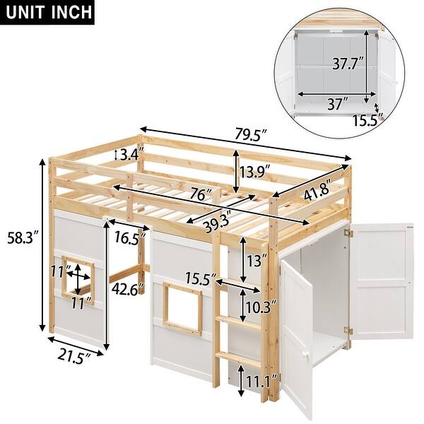 dimension image slide 0 of 2, Twin Size Wooden Loft Bed with Built-in Storage Wardrobe and 2 Windows,Playful Design