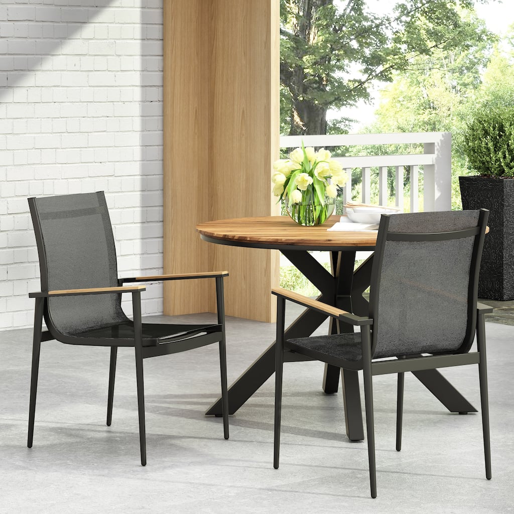 Roomfitters Outdoor Dining Chair with Mesh Seat, Patio Stackable Armchair with Wood-Look Accents, Natural