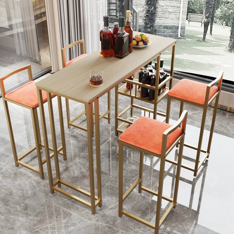 5 Piece Bar Table Set, Counter Height Kitchen Table Set, Metal Table and Chairs Set with 4 Upholstered Chairs & Storage Shelves