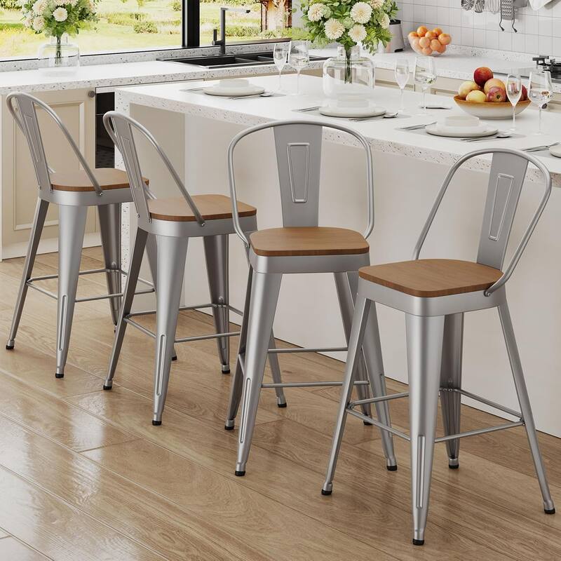 Counter Stools with Metal Frame Counter Height Bar stools with High Back 24" Kitchen Bar Furniture Stools with Wooden Seat
