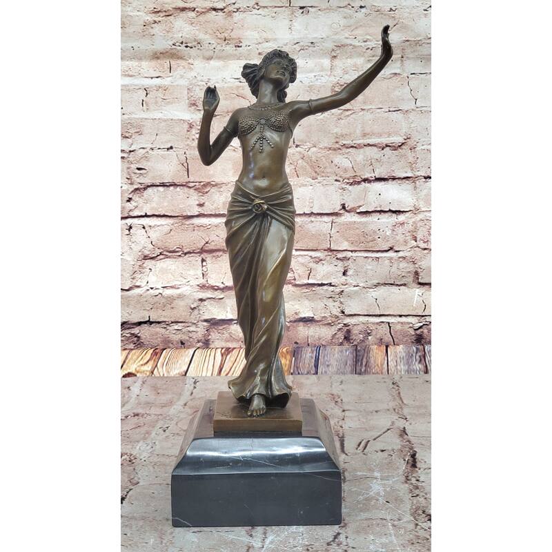 Art Deco Bronze Dancing Woman Sculpture On Marble Base Elegant Figurine