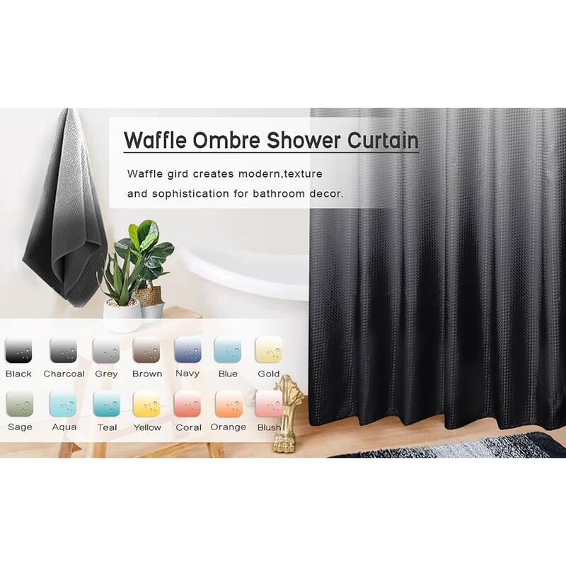 Black and White Waffle Weave Fabric Shower Curtain Set, 72x72 Inches