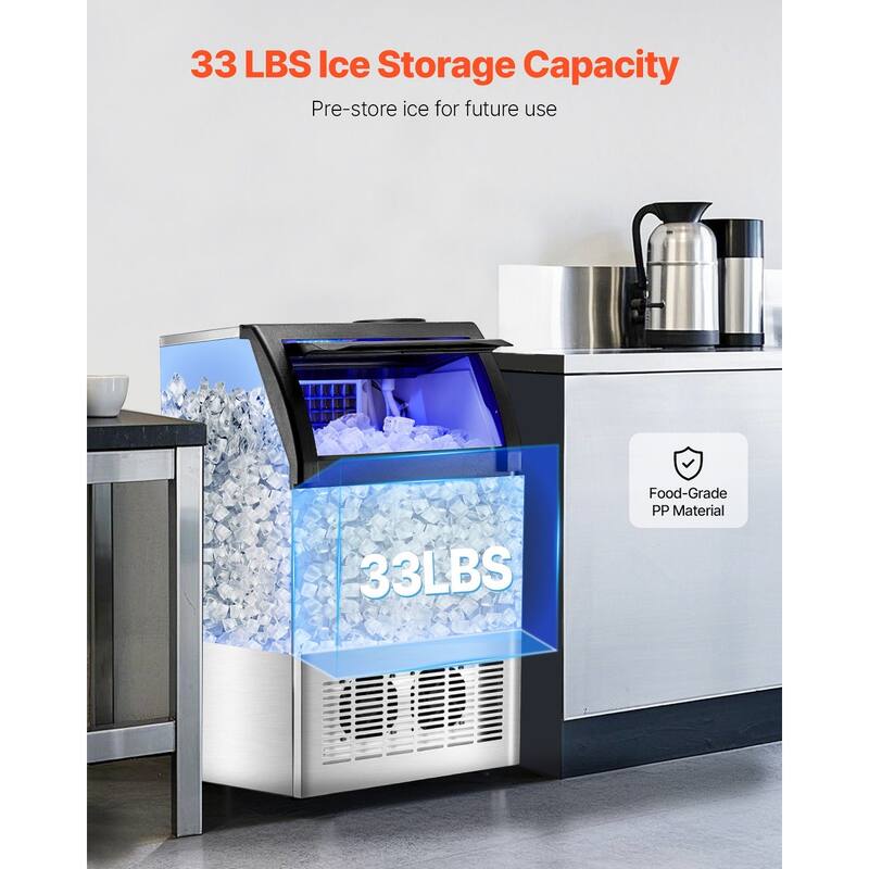 Silver Black Stainless Steel Commercial Ice Maker with 130 lbs Daily Output and Auto Cleaning - 17.1 x 16.1 x 31.5 in