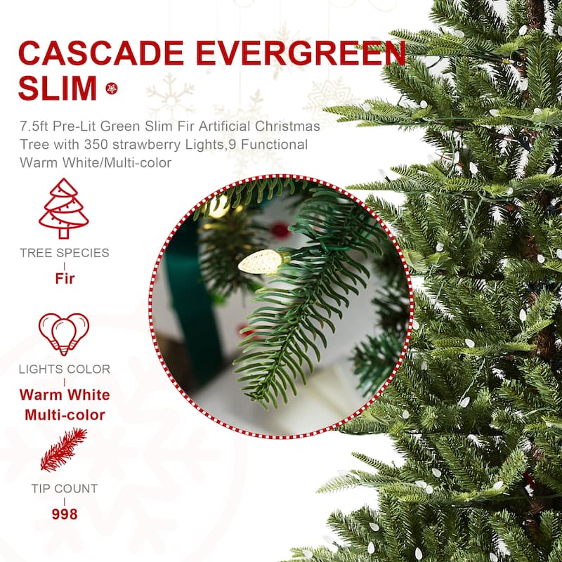 Glitzhome 7.5ft/9ft Pre-Lit Evergreen Slim Fir Artificial Christmas Tree With Strawberry Lights