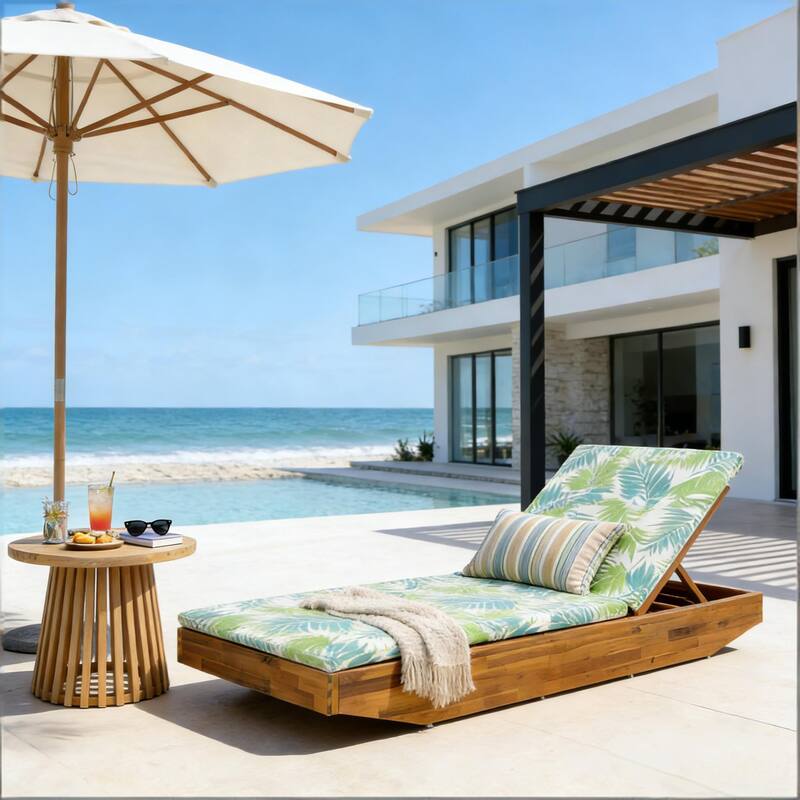 Christopher Knight Home - Outdoor Acacia Wood Chaise Lounge with Ergonomic 2-Fold Thin Water-Repellent Cushion - 79.6"L