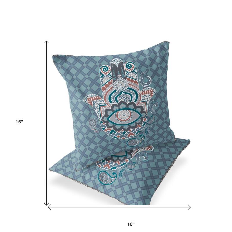 HomeRoots Set of Two 16" X 16" Blue and White Blown Seam Hamsa Indoor Outdoor Throw Pillow - 16.00' X '16.00' X '5.00