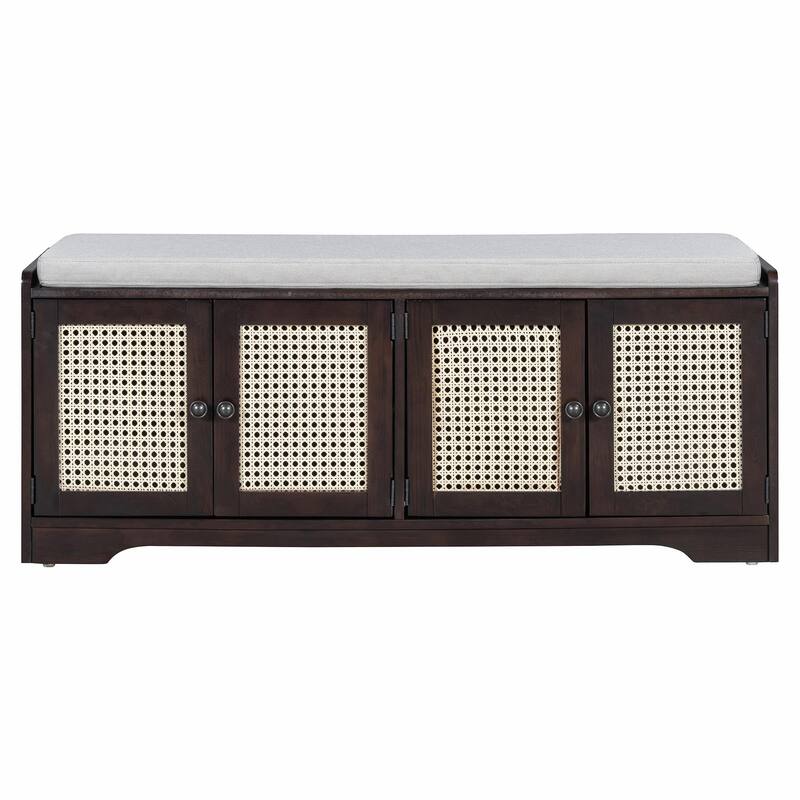 Rustic Storage Bench with Removable Cushion, Woven Rattan Doors & Adjustable Shelves