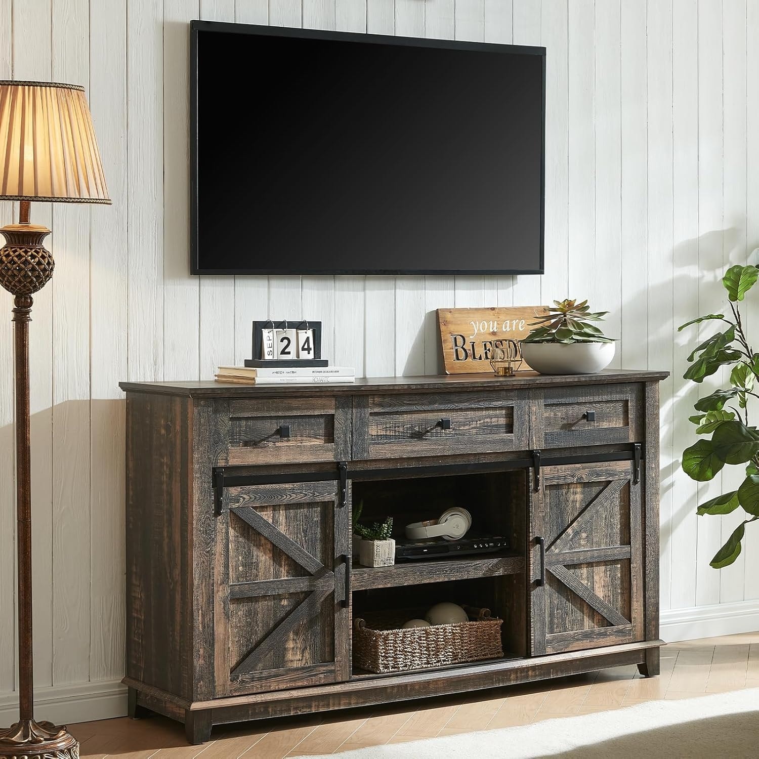 Rustic 59" TV Stand with Sliding Barn Doors, Adjustable Shelves & Storage Drawers for Living Room or Bedroom