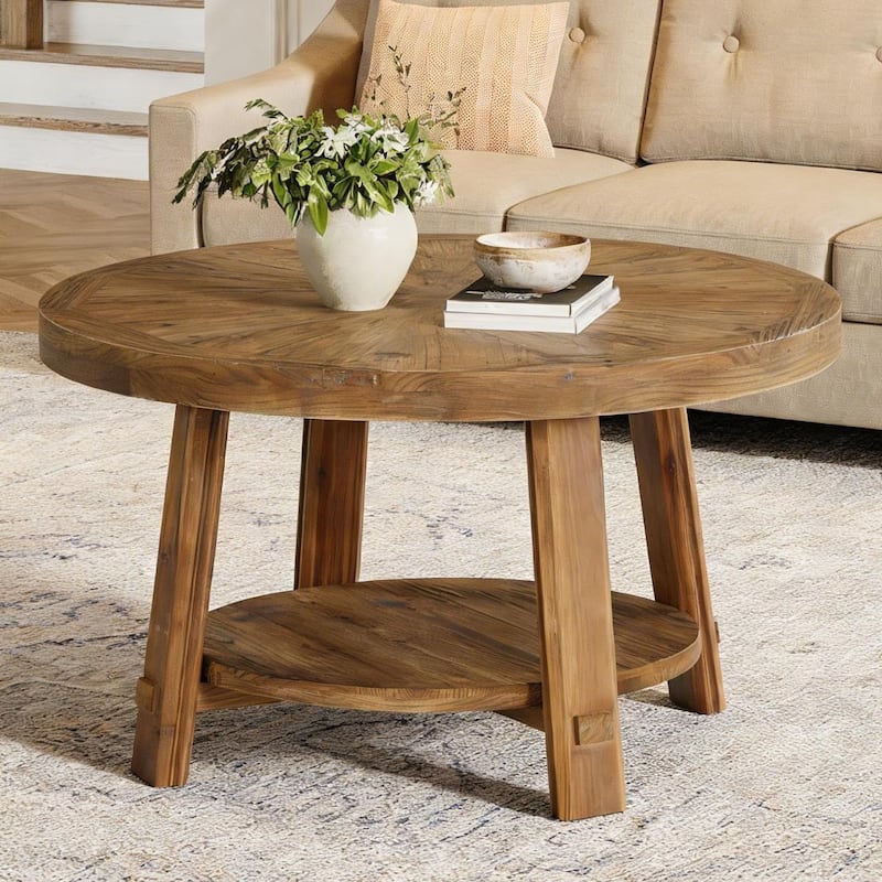 31.5" Solid Wood Coffee Table with 2-Tier Storage