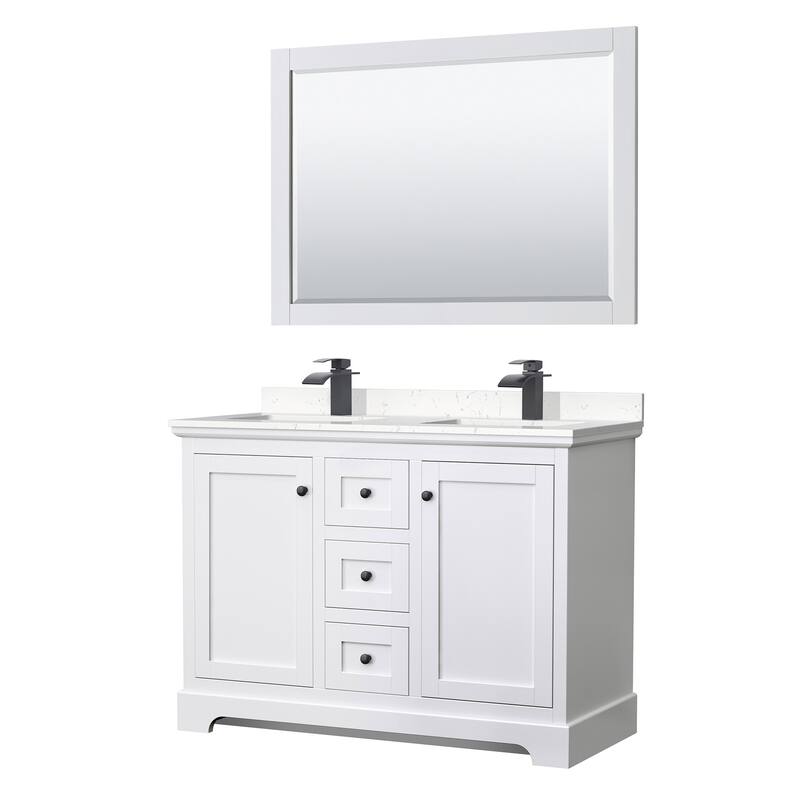 Wyndham Collection Avery 48" Free Standing Double Basin Vanity Set - White / Carrara Cultured Marble Top / Matte Black