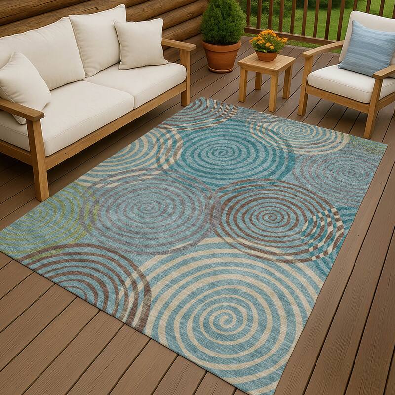 Machine Washable Indoor/ Outdoor Contemporary Swirls Chantille Rug - Teal - 8' x 10'