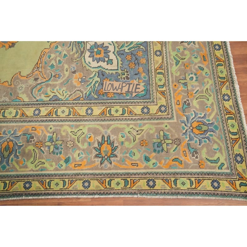 Hand Knotted Oriental 100% Wool Carpet Traditional Floral Green Tabriz Area Rug - 12' 4'' X 9' 5''