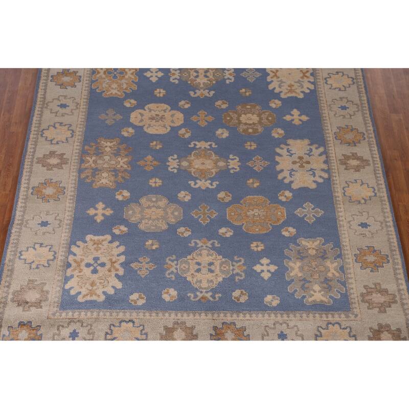 Blue Geometric Oushak Area Rug Hand-Knotted Oriental Wool Carpet - 8'3" x 9'10"