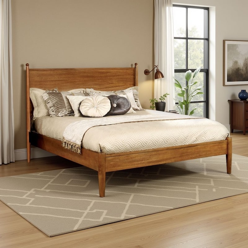 Mid Century Modern Wood Queen Bed with Round Tapered Legs, Rustic Oak