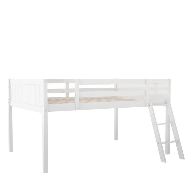 Full Size Wood Low Loft Bed with Convertible Ladder, White