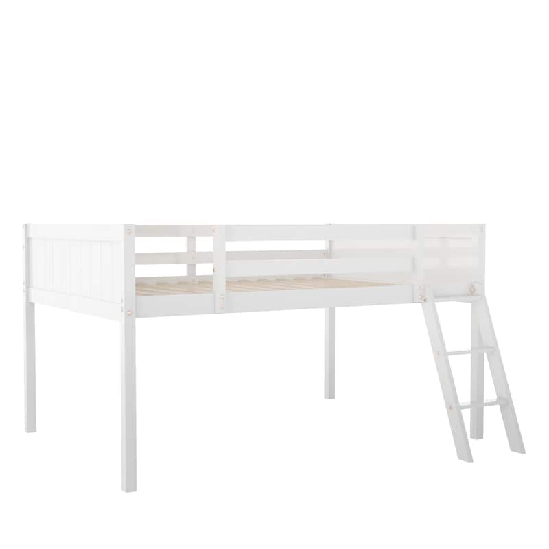 Wood Low Loft Bed Frame with Convertible Ladder,Under Bed Play Space